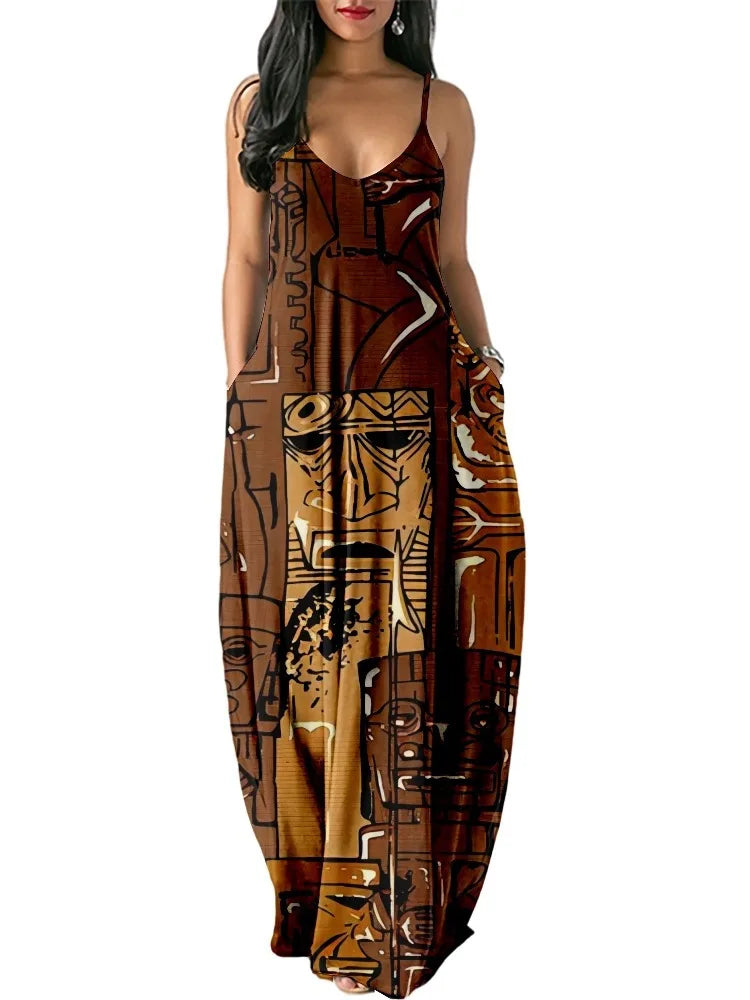 Women’s World Map Beach Dress – Elegant Sexy Long Sundress with Irregular Hem, Sleeveless Spaghetti Straps, Plus Size Summer Dress