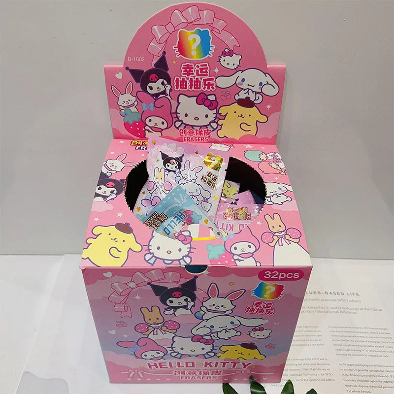 32pcs Blind Box Cartoon Erasers — Cute Kitty, My Melody & Kuromi KT Cat Mystery Box, Fun Stationery for Students & Birthday Gifts