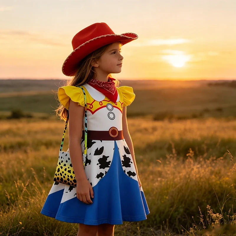 Kids Cowgirl Costume Dress - Girls Cartoon Print Short Sleeve Halloween Cosplay Party Outfit