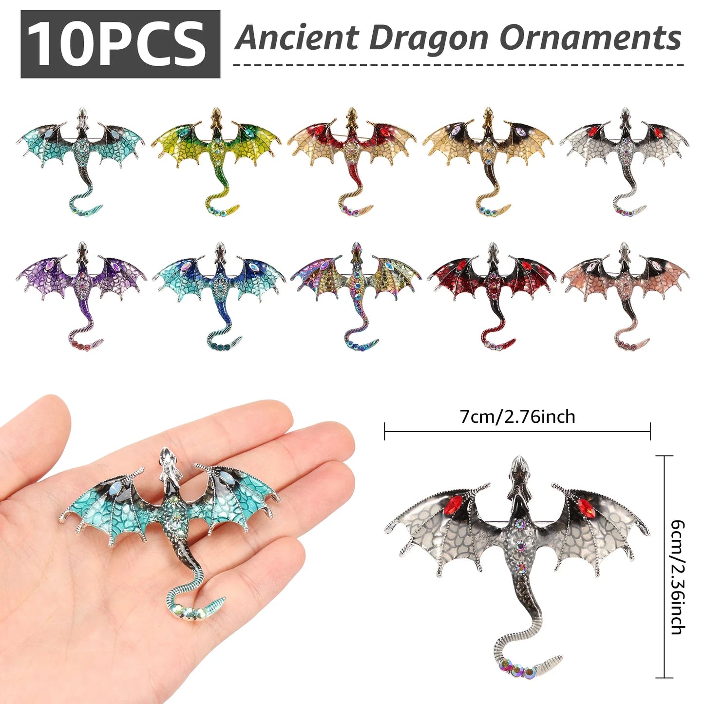 10-Piece Flying Dragon Enamel Brooch Set - Vintage Alloy Dragon Pins for Jewelry & Necklaces