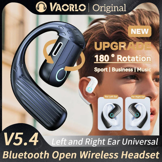 Open Wireless Bluetooth 5.4 Headset – 180° Rotatable Adjustable Ear-Hook Earphone with Mic for Sport, Business & Music