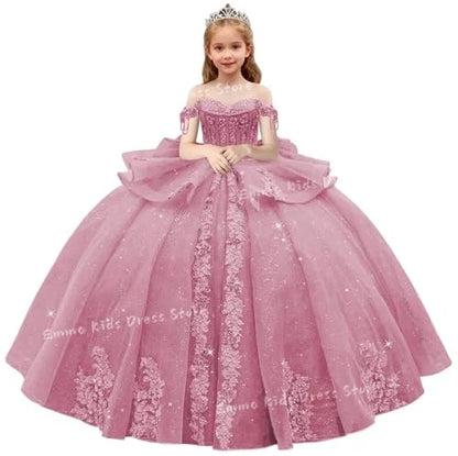 Lace Flower Girl Dress - 3D Floral Appliqué, Beading & Long Bow Ball Gown
