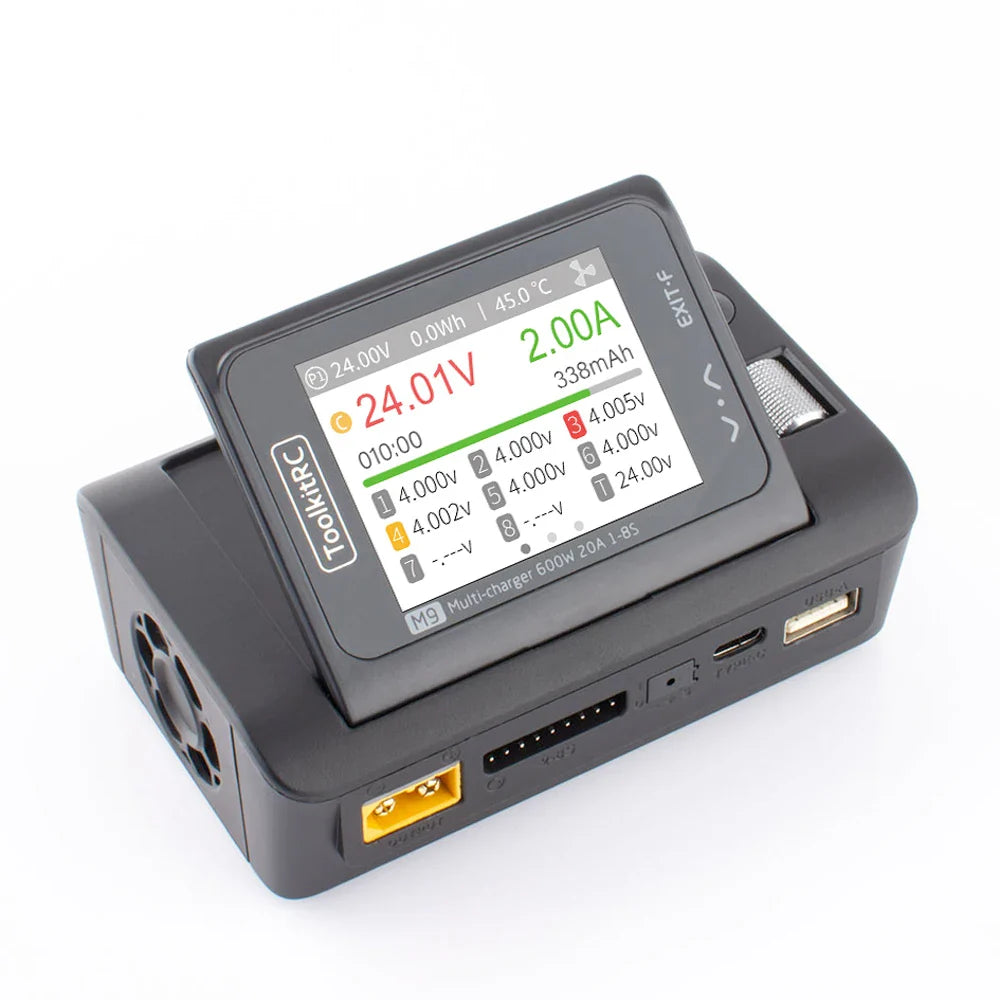 ToolkitRC M9 600W 20A Smart USB Fast Charger - Adjustable Screen Angle with Audio Function for 1-8S LiPo LiFe Batteries