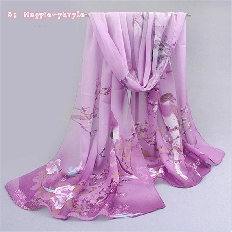 Women’s Chiffon Scarf – Long Butterflies & Branch Pattern Shawl, Elegant Versatile Retro Fashion Accessory