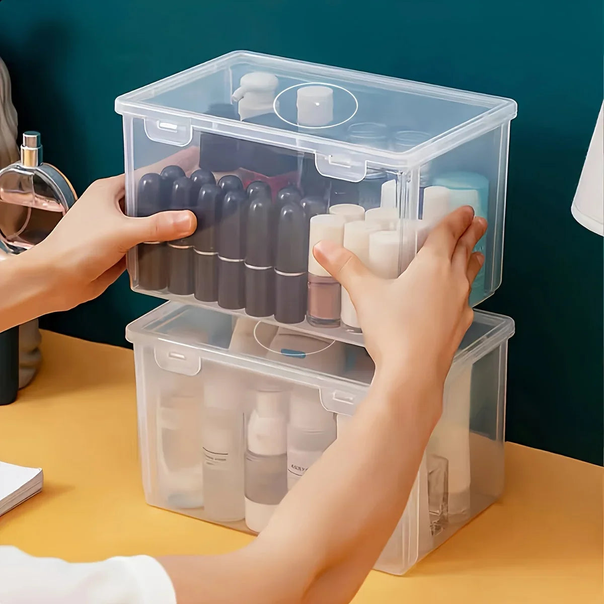 Large Clear Plastic Storage Box – Stackable Organizer for Office, Home, or School Supplies