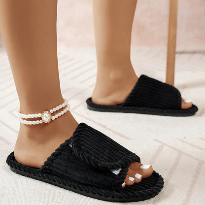Women’s Corduroy Open Toe Flat Heel Home Slippers – Lightweight Non-Slip Indoor Bedroom Comfort Slides
