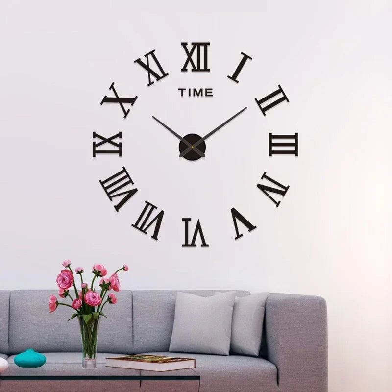 Large 3D DIY Silent Wall Clock — Simple Modern Punch-Free Wall Sticker in Black, Gold, or Silver