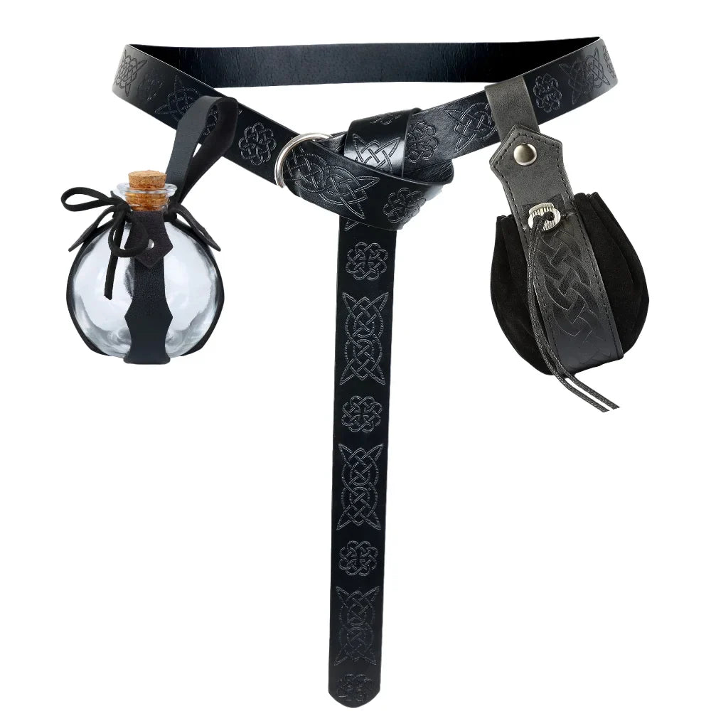 Medieval Elf Leaf Leather Belt Set – Glass Magic Bottle Case, Embossed Retro Leather Accessories for Halloween & Cosplay