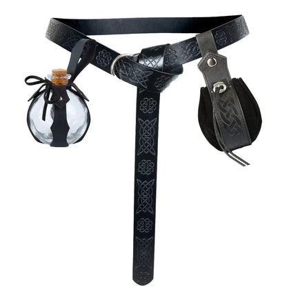 Medieval Elf Leaf Leather Belt Set – Glass Magic Bottle Case, Embossed Retro Leather Accessories for Halloween & Cosplay