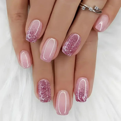 24PCS Short Square Coffin False Nails – French Glitter Acrylic Press-On Nail Tips with Glue, Wearable Fake Nails Set