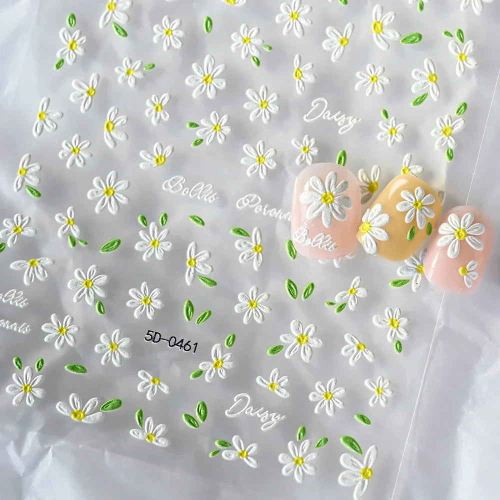 5D Daisy Nail Art Stickers - White Flower & Green Leaf Embossed Decals for DIY Spring Summer Nail Decoration