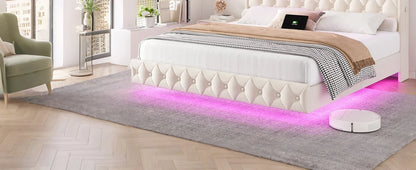 Floating Queen Size Bed Frame – Modern Upholstered Platform Bed with LED Lights, USB Charging Headboard & Velvet Fabric