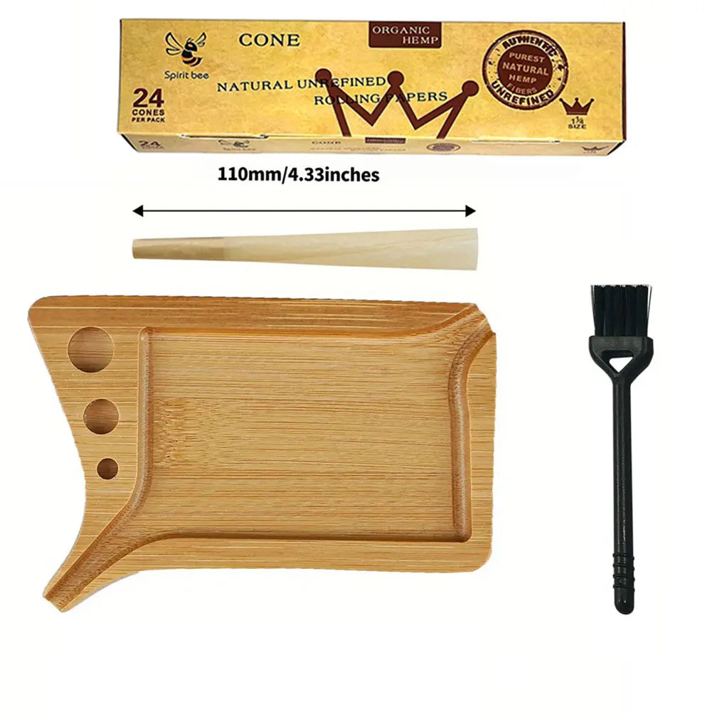Bamboo Wood Herb & Tobacco Rolling Tray Set – Cleaning Brush, Pre-Roll Smoke Roller, Multipurpose Accessories