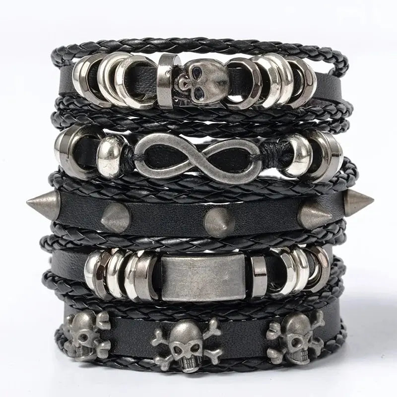 5PCS Punk Bracelet Set - DIY Braided PU Leather Beaded Metal Wristbands