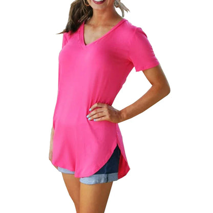 Women’s Summer V-Neck Blouse – Short Sleeve Loose Solid Color T-Shirt with Curved Hem