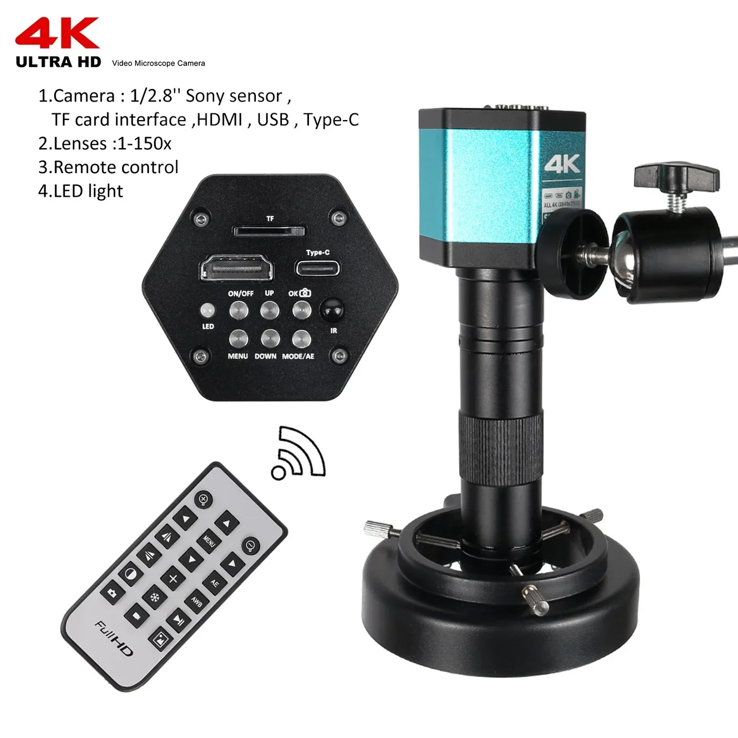 1080P 4K Industrial Microscope – 150X C-Mount Lens with 48MP/13MP Digital Camera, HDMI/USB-C/VGA for PCB Soldering & DIY