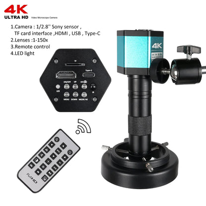 1080P 4K Industrial Microscope – 150X C-Mount Lens with 48MP/13MP Digital Camera, HDMI/USB-C/VGA for PCB Soldering & DIY