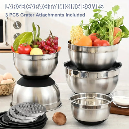 8PCS Stainless Steel Mixing Bowl Set – Airtight Lids, Non-Slip Bottoms, Black Kitchen Bowls for Baking & Serving