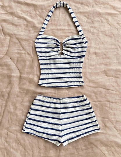 Summer Textured Knit Halter Top & Shorts Set - Classic Nautical Stripe Two-Piece Breathable Outfit