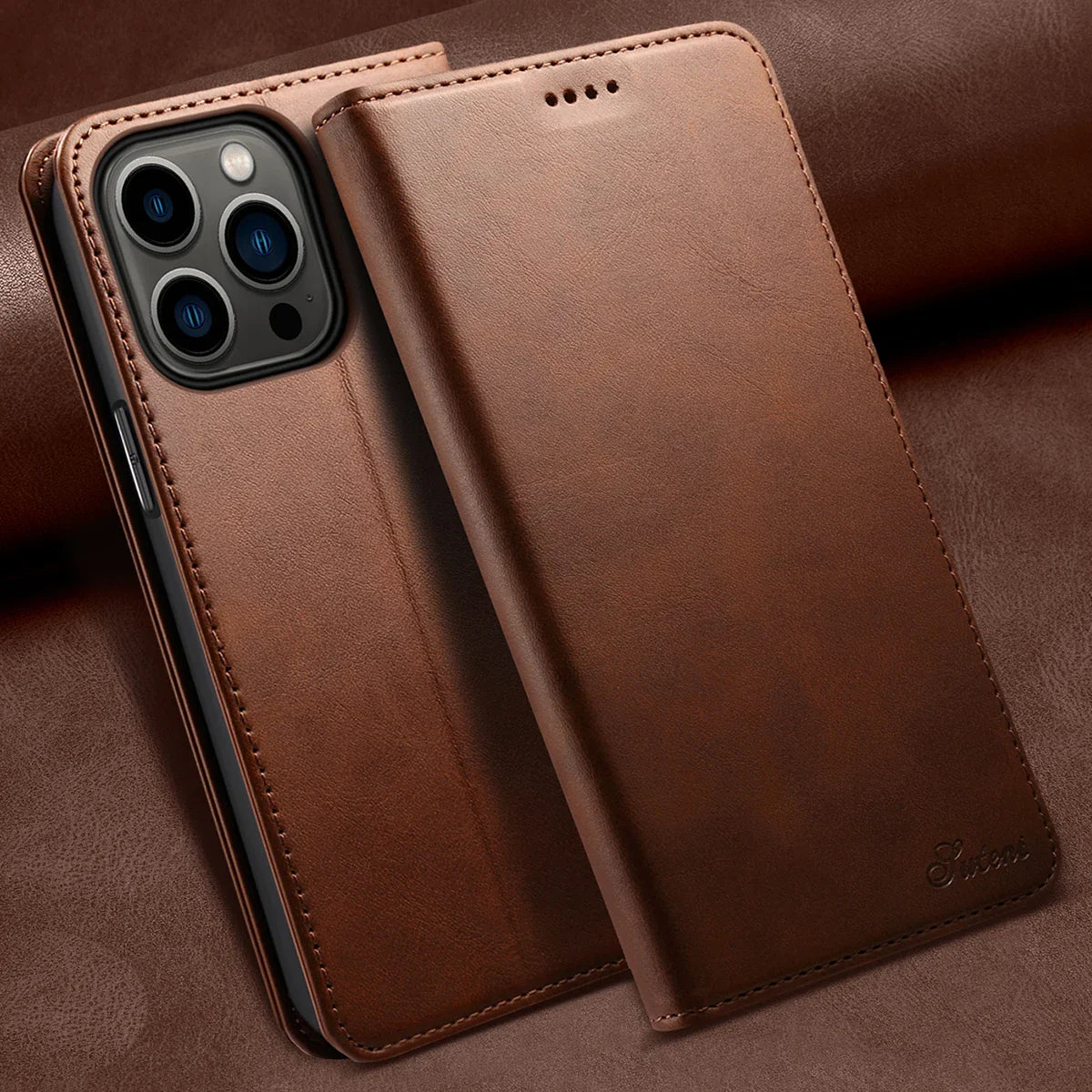 SUTENI Leather Wallet Phone Case — Flip Cover with Card Holder & Stand for iPhone 7/8/11/12/13/14/15/16 Pro Max/XR/XS