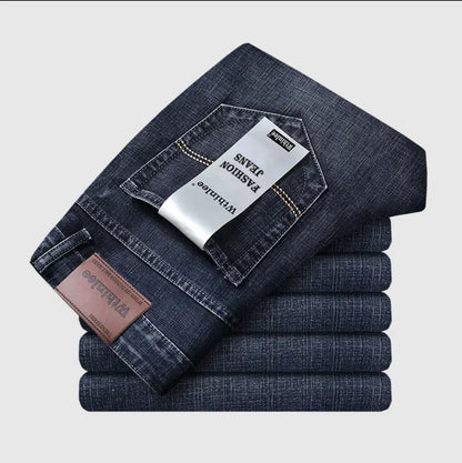 Men's Classic Stretch Jeans - Business Casual Straight Leg Denim Work Trousers in Blue & Black