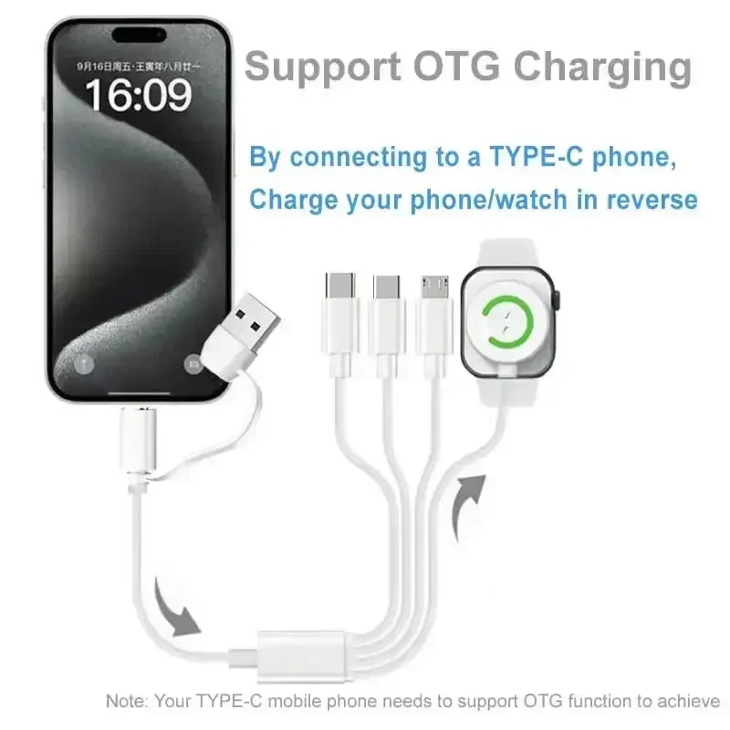 4-in-2 Multi Charging Cable for iPhone 15, Type-C, Micro USB – Wireless Charger for Apple Watch Ultra SE/9/8/7/6/5/4