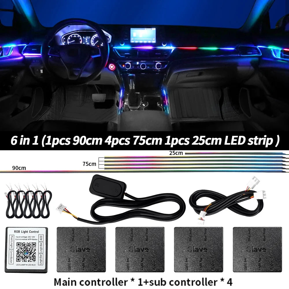 6/10/14/18 in 1 RGB LED Car Ambient Light - APP Controlled Acrylic Interior Atmosphere Strip with 64/213 Color Symphony Lighting