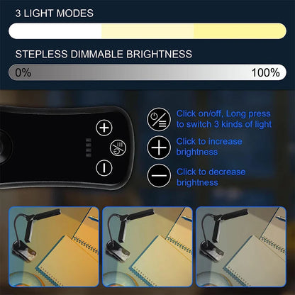 Portable LED Clip-On Book Light: 14 LEDs, 3 Colors, 8 Brightness Levels, USB Rechargeable Night Reading Lamp - Mini Desk & Travel Light