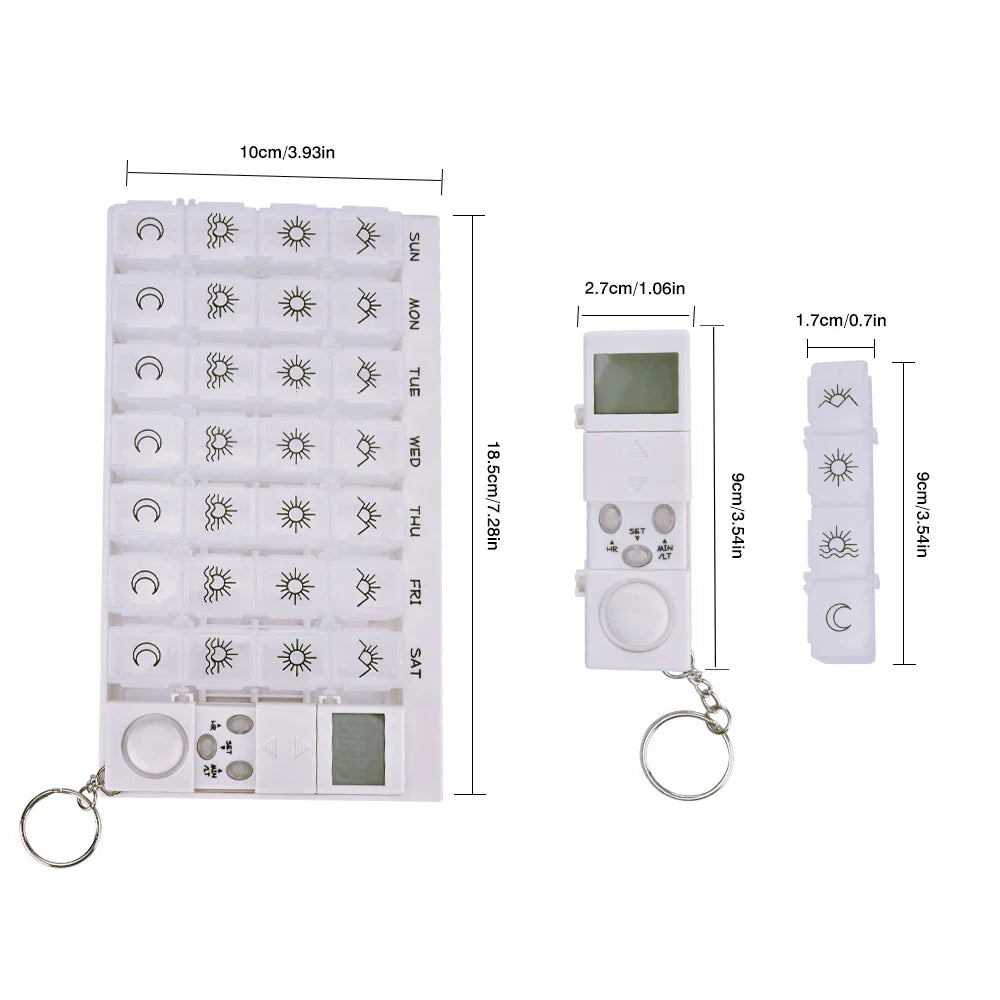 Portable 28-Grid Pill Box Organizer: Weekly 7-Day Smart Alarms Medicine Case with Reminder Timer - Plastic Holder for Pills