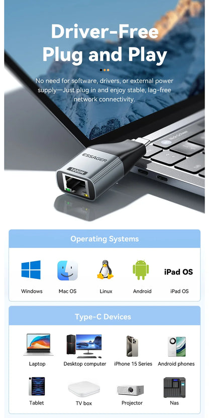Essager Type-C to Ethernet Adapter – 100/1000Mbps Gigabit RJ45 to Type-C Adapter for MacBook, Laptop Wired Network Card