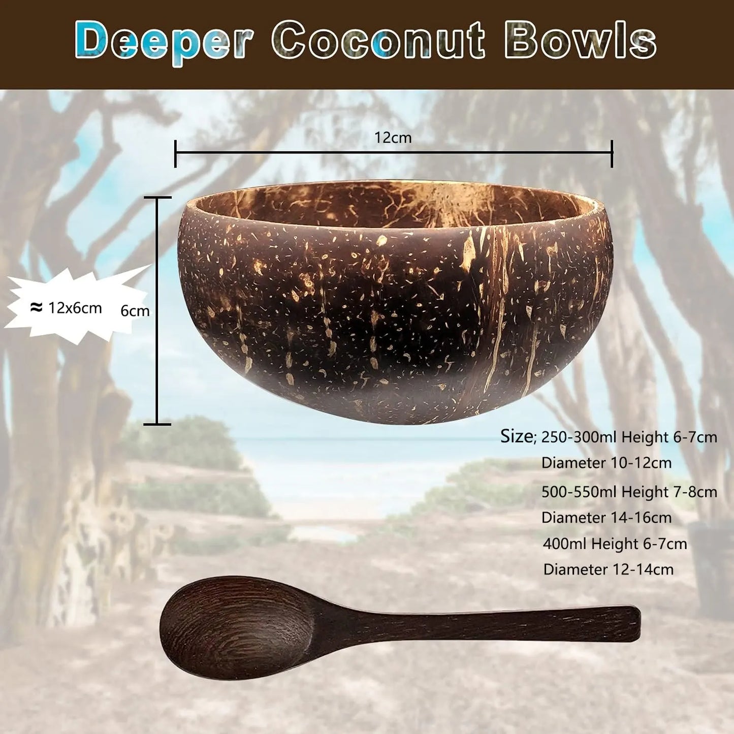 Coconut Bowls for Serving – Reusable Wooden Salad and Dish Utensils | Natural Coconut Shell Bowls for Breakfast and Parties