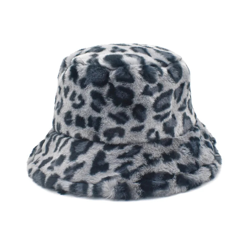 Women’s Winter Bucket Hat – Fashion Leopard Panama, Warm Vintage Faux Fur Fisherman Cap