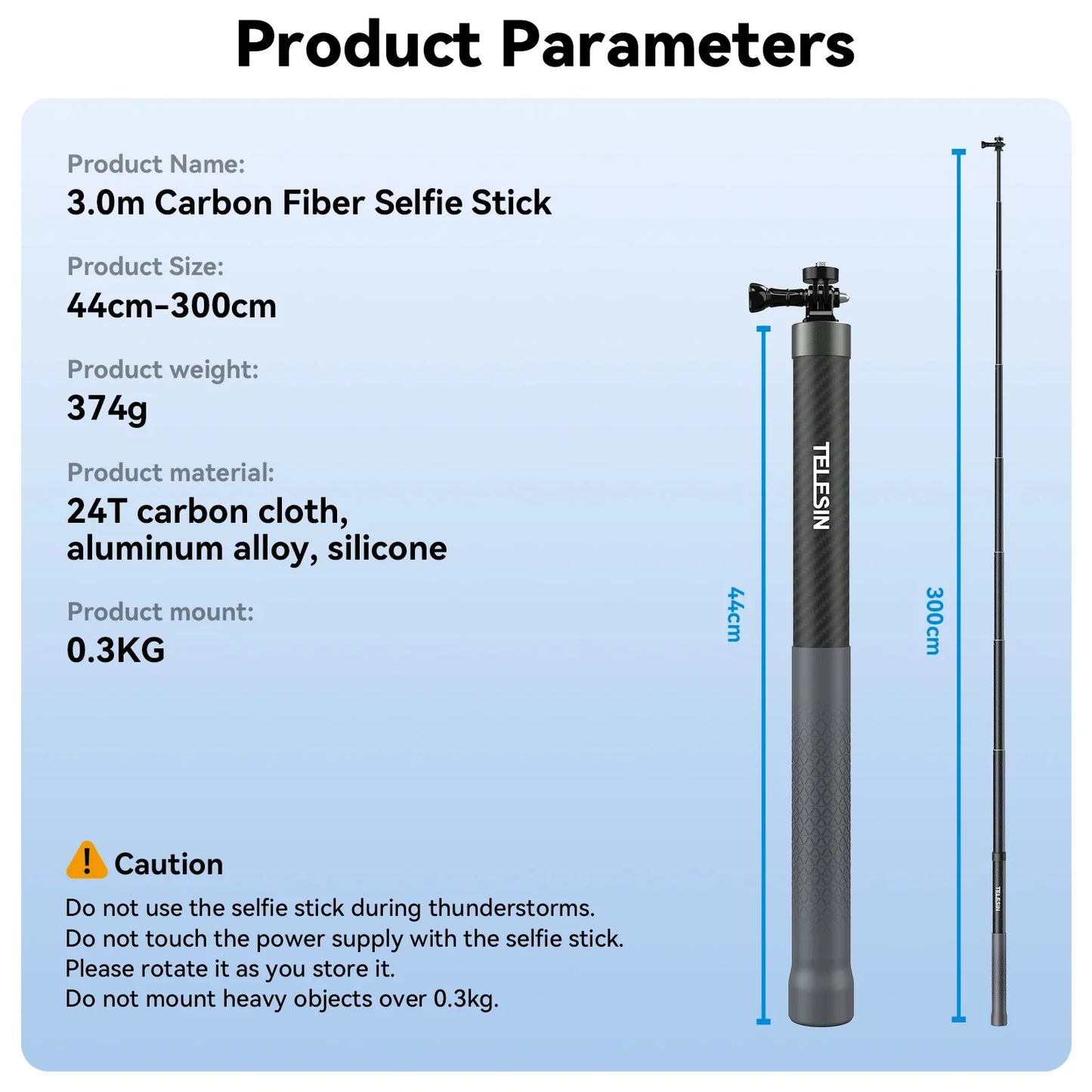 TELESIN 1.2M/3M Carbon Fiber Selfie Stick Monopod - Extendable with 1/4'' Screw for GoPro, Insta360, Osmo Action, DJI Action Camera