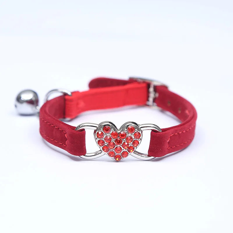 Heart Charm Cat Collar with Bell – Adjustable Safety Elastic Velvet Collar for Small Cats & Dogs, 8 Colors