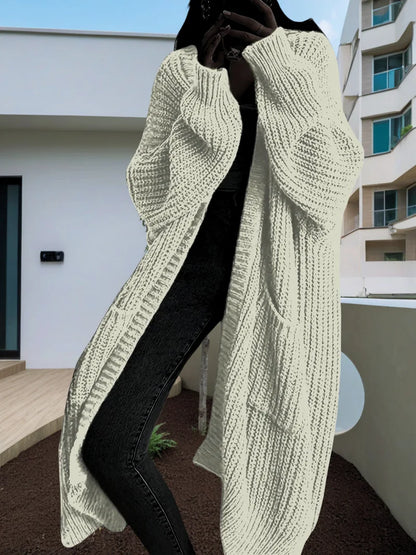 Solid Color Casual Knit Sweater Long Cardigan Coat – Women's Autumn & Winter Lazy Loose Knitwear Coat with Pockets, Y2K Style