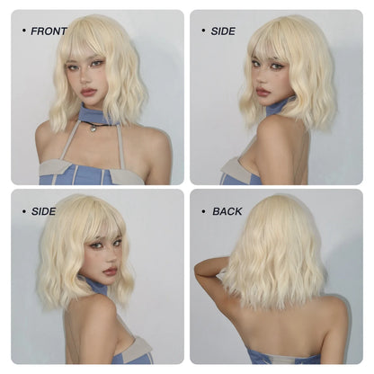 Blonde Short Curly Bob Synthetic Wig with Bangs – Platinum Golden Lolita Cosplay Wig for Women, Heat-Resistant for Daily & Party Use