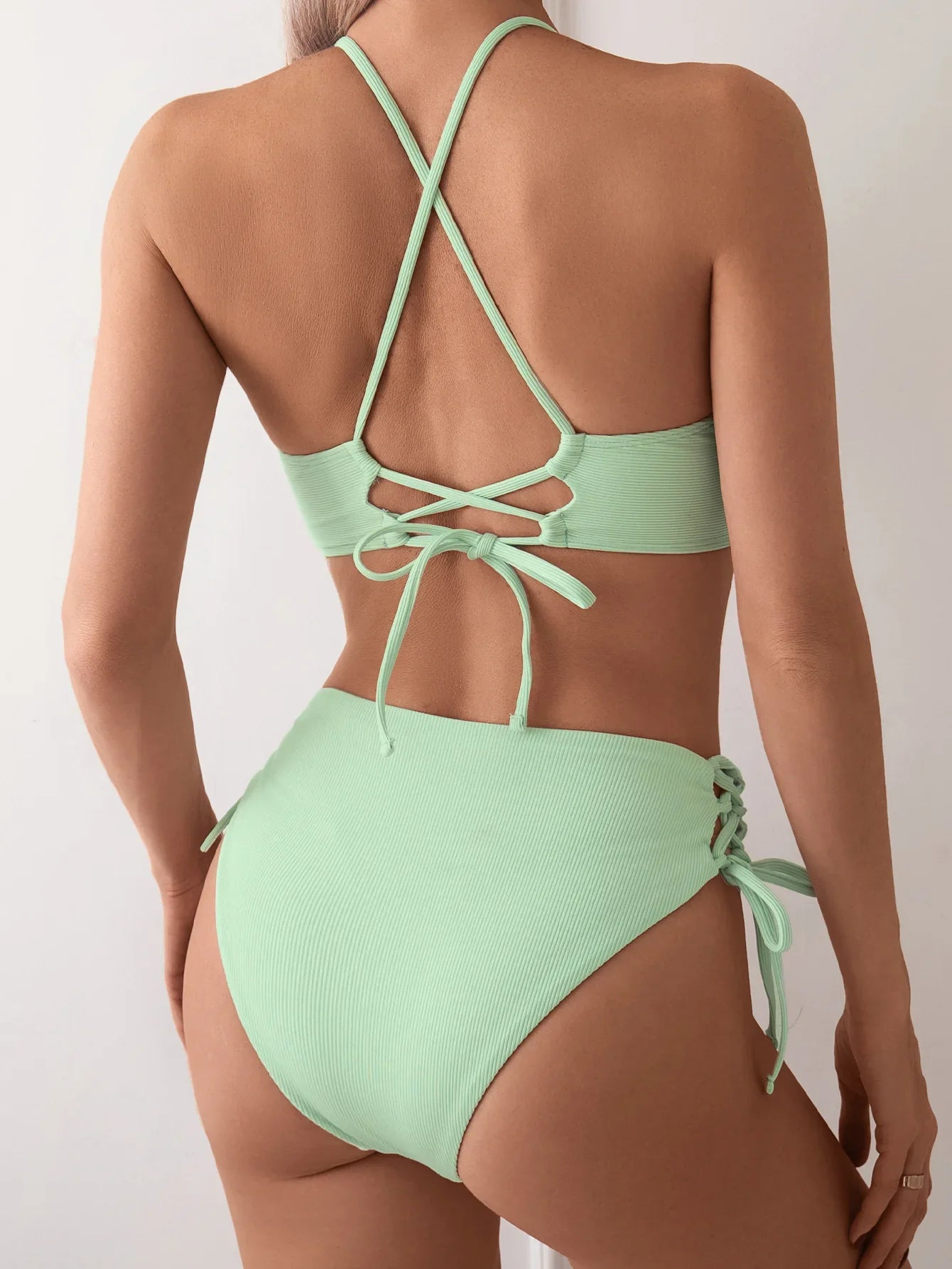 Cikini V-Neck Split Bikini Set – Sexy Lace-Up Triangular Solid Color Swimwear for Women