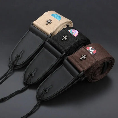 Vintage Cross Guitar Strap with Pick Holder Pocket – Adjustable Strap for Electric, Acoustic & Folk Guitars