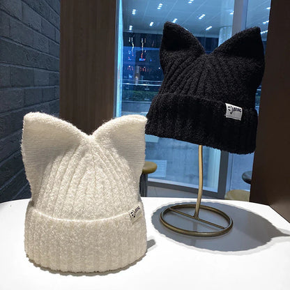 Cute Cat Ears Beanie for Women – Warm Autumn Winter Knitted Hat, Sweet Ear Protection Pullover