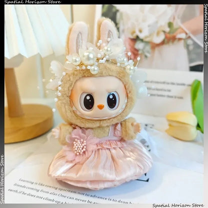 Mini Plush Doll Clothes Bud Skirt with Pearl Hair Accessory — Labubu I & II Kpop Idol Doll DIY Outfit Gift