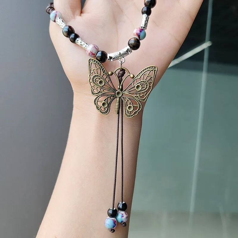 Vintage Butterfly Ceramic Necklace - Handmade Ethnic China-Chic Collar Chain Jewelry for Women’s Vacation Style