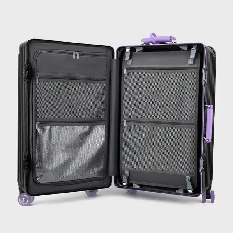 Aluminum Frame Rolling Luggage — Wide Handlebar Trolley Suitcase with Colorful Silent Spinner Wheels, TSA Lock & Large Capacity