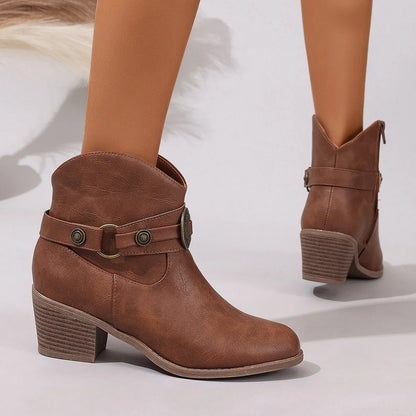 Women’s Round Toe Buckle Strap Boots – Copper Side Zipper Comfortable Versatile Commuting Bare Boots