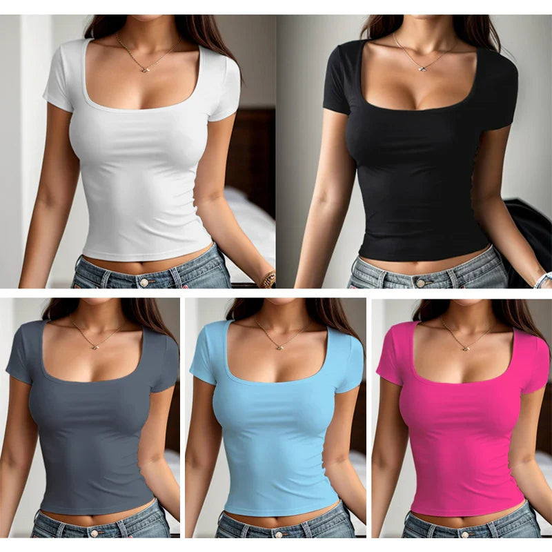 Women’s Short Sleeve Summer T-Shirt – Slim Fit Solid Color Square Neck Elastic Y2K Streetwear Fashion Tee Top QX33