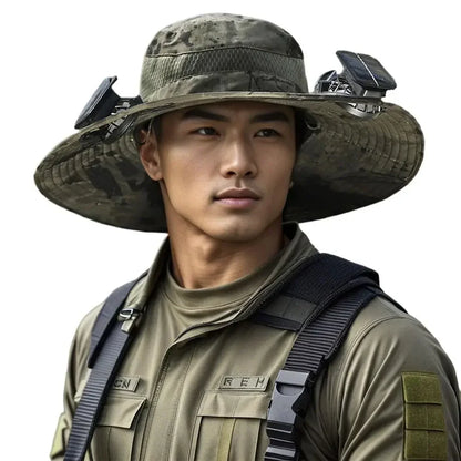 Men’s Wide Brim Solar Fan Hat – UPF50+ Sun Protection, Dual Power USB Adjustable Outdoor Hat for Beach & Fishing
