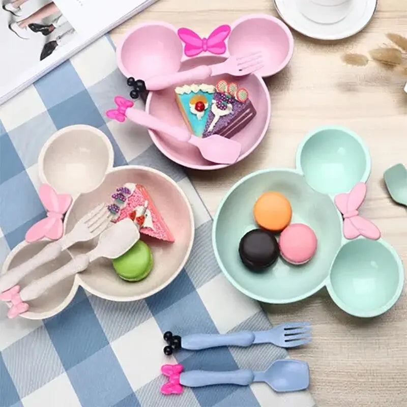 3Pcs/set Cartoon Baby Tableware Set: Wheat Straw Children's Dishes with Bowknot Food Plate, Spoon, Fork - Kids Dinner Feeding Plate