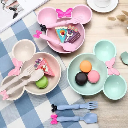 3Pcs/set Cartoon Baby Tableware Set: Wheat Straw Children's Dishes with Bowknot Food Plate, Spoon, Fork - Kids Dinner Feeding Plate