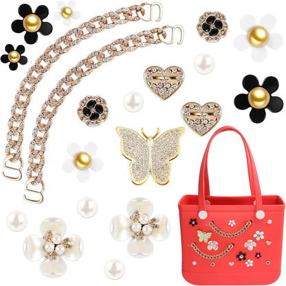 20PCS Beach Bag Charms Set – Pearl, Butterfly & Flower Decorative Accessories for Bo Bag, Stylish Compatible Clip-On Bag Charms
