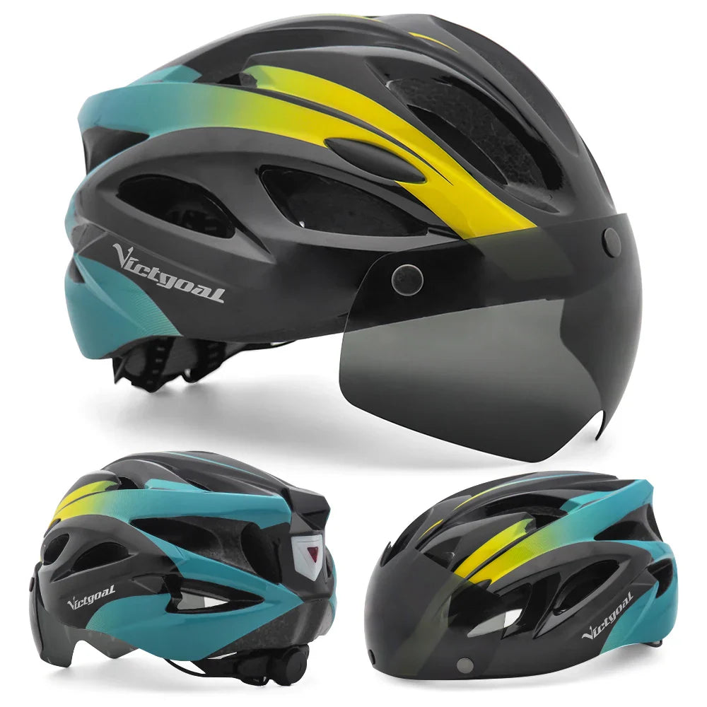 VICTGOAL Bicycle Helmet for Men - With Taillight, Magnetic Goggles, UV400 Lens & Sun Visor, MTB & Electric Scooter Bike Safety Helmet