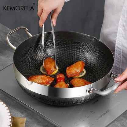 Stainless Steel Frying & Soup Pot Combo - Non-Stick Honeycomb Bottom with Lid, Suitable for Induction & Gas Stoves, Available in 26cm, 28cm, 30cm